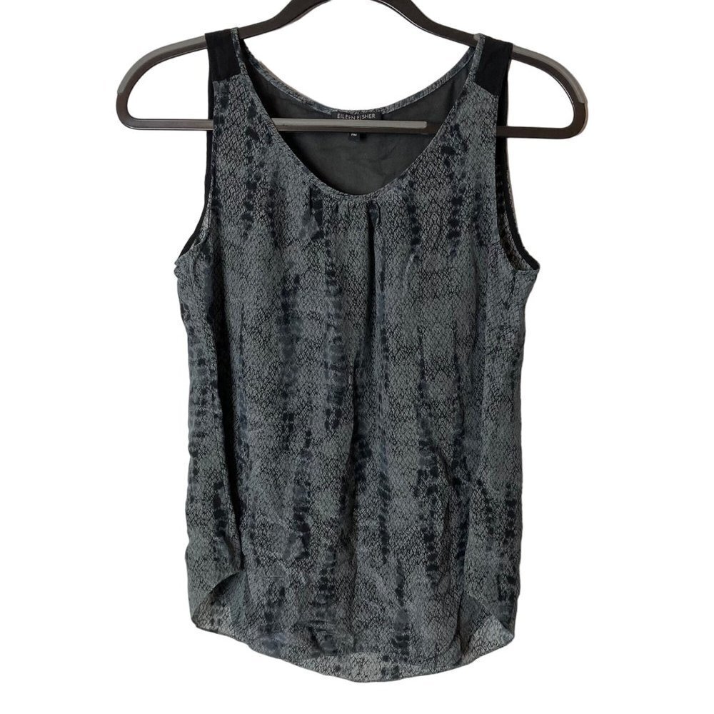 Eileen Fisher Gray Black Print Tank Shell 100% Silk Sz M Petite Reptile‎ Snake
